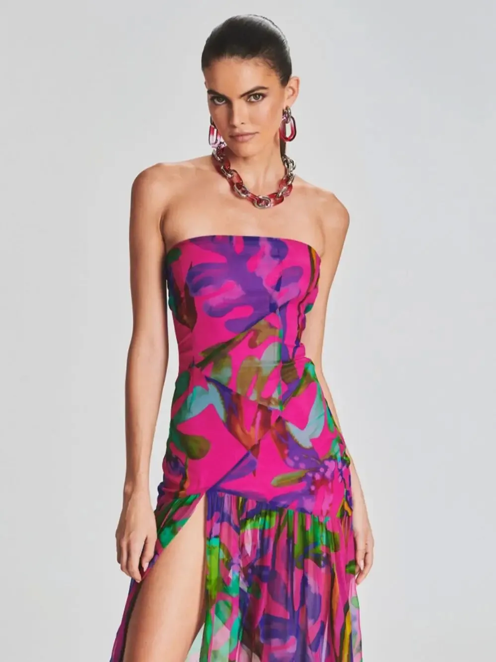 Women's Sexy Colorful Printed Strapless Mesh Splice Split Sleeveless Dress