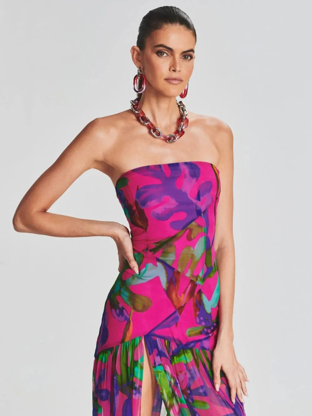 Women's Sexy Colorful Printed Strapless Mesh Splice Split Sleeveless Dress