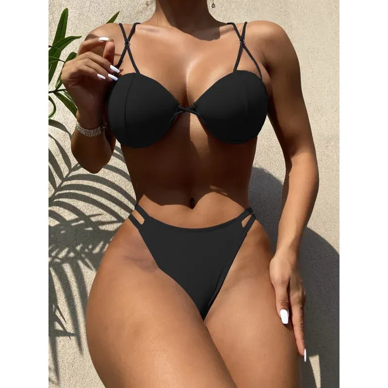 Women's Summer Polyester Solid Pattern Push-Up Low Waist Swimwear