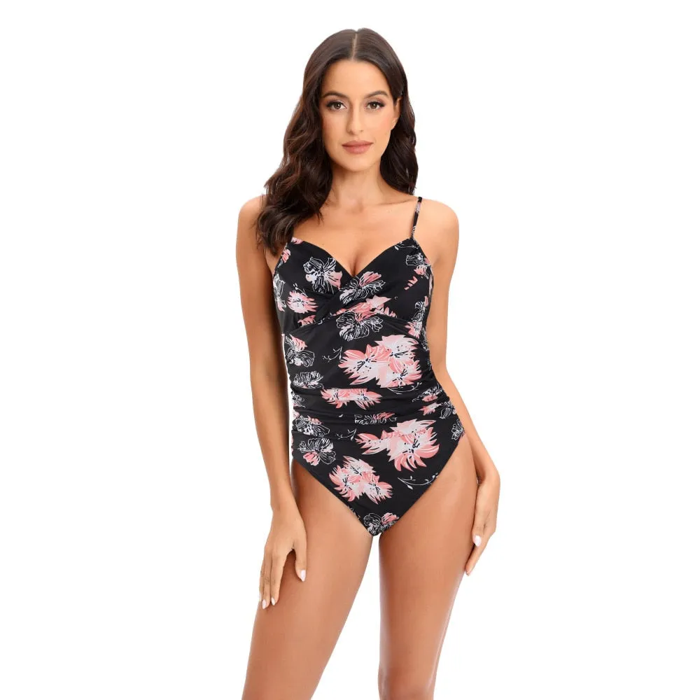 Women's Vintage Floral Hollow Out Push-Up Pleat One Piece Swimwear