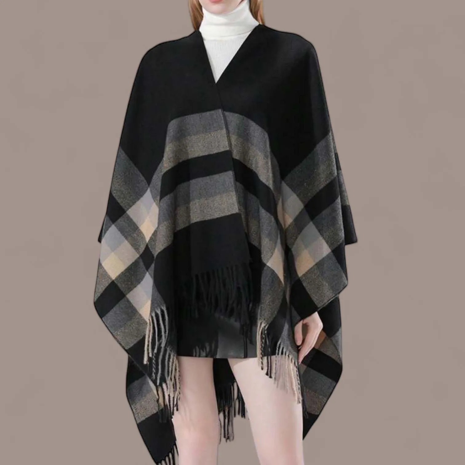 WRAP Patterned Plaid Geometric Cape Shawl